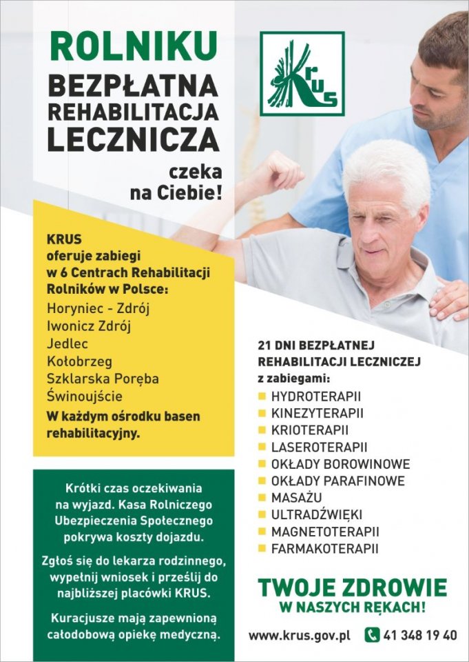 Plakat informacyjny Bezpłatna rehabilitacja lecznicza dla rolników