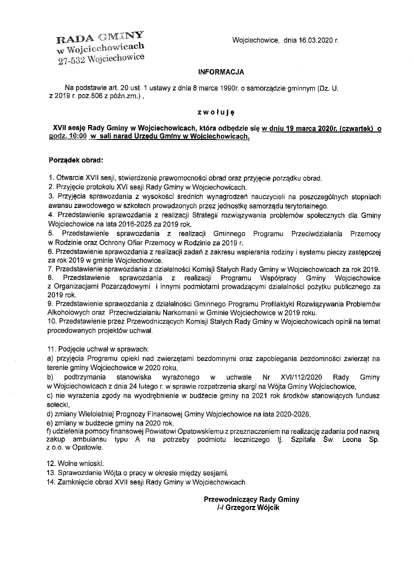 Informacja - XVII Sesja Rady Gminy w Wojciechowicach
