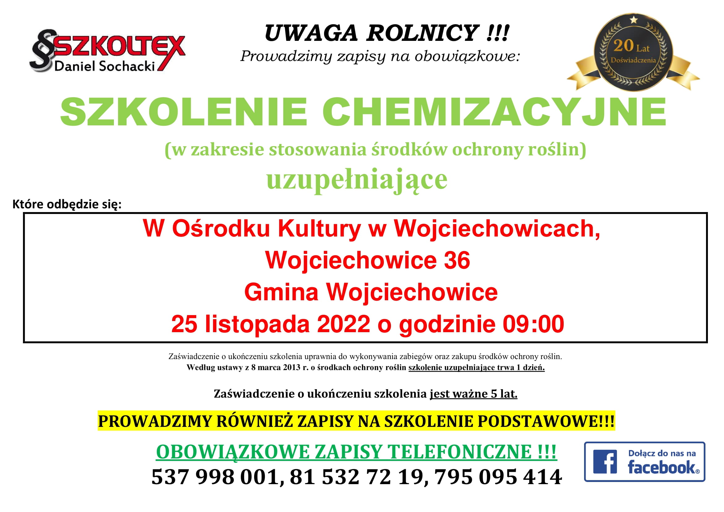 Plakat z informacjami o szkoleniu ze stosowania środków ochrony roślin