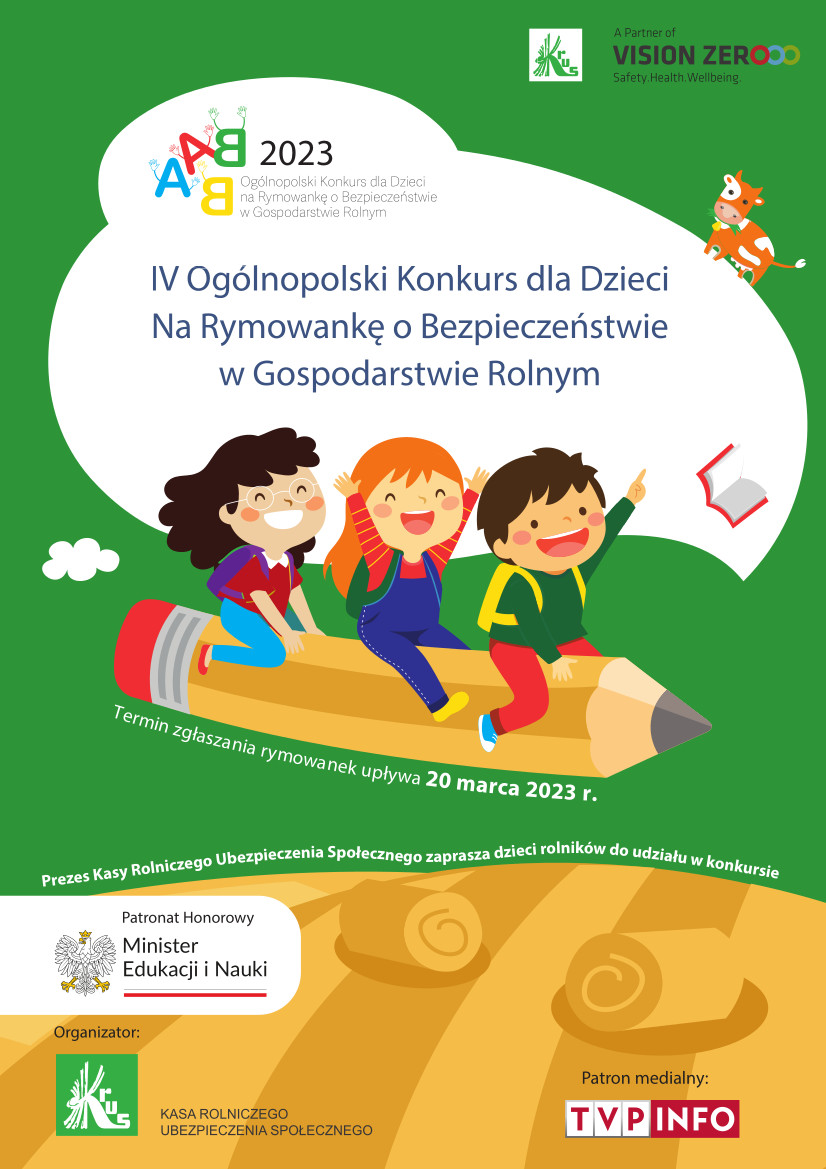 Grafika promocyjna IV edycja Ogólnopolskiego Konkursu dla Dzieci na Rymowankę o Bezpieczeństwie w Gospodarstwie Rolnym