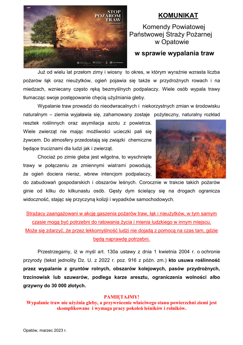 Grafika z komunikatem  Państwowej Straży Pożarnej w Opatowie
