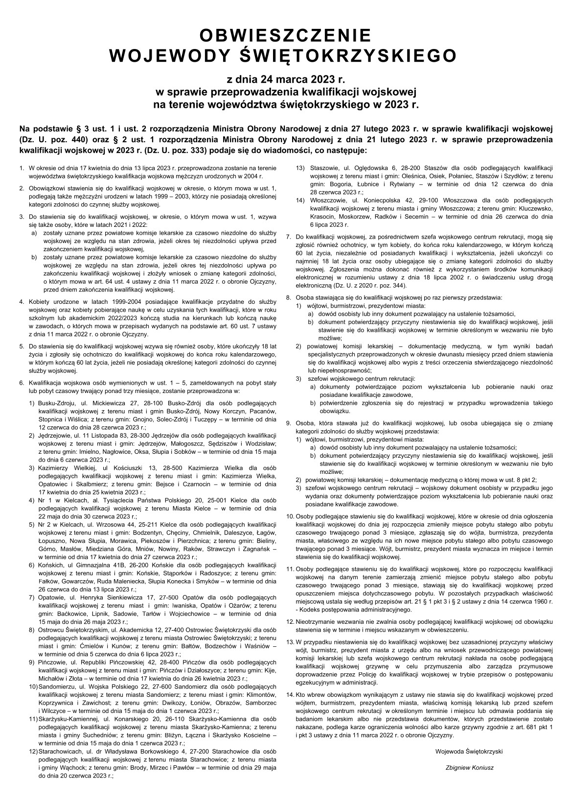 Grafika z obwieszczenie Wojewody Świętokrzyskiego z dnia 24 marca 2023 r. w sprawie przeprowadzenia kwalifikacji wojskowej na terenie województwa świętokrzyskiego w 2023 r.
