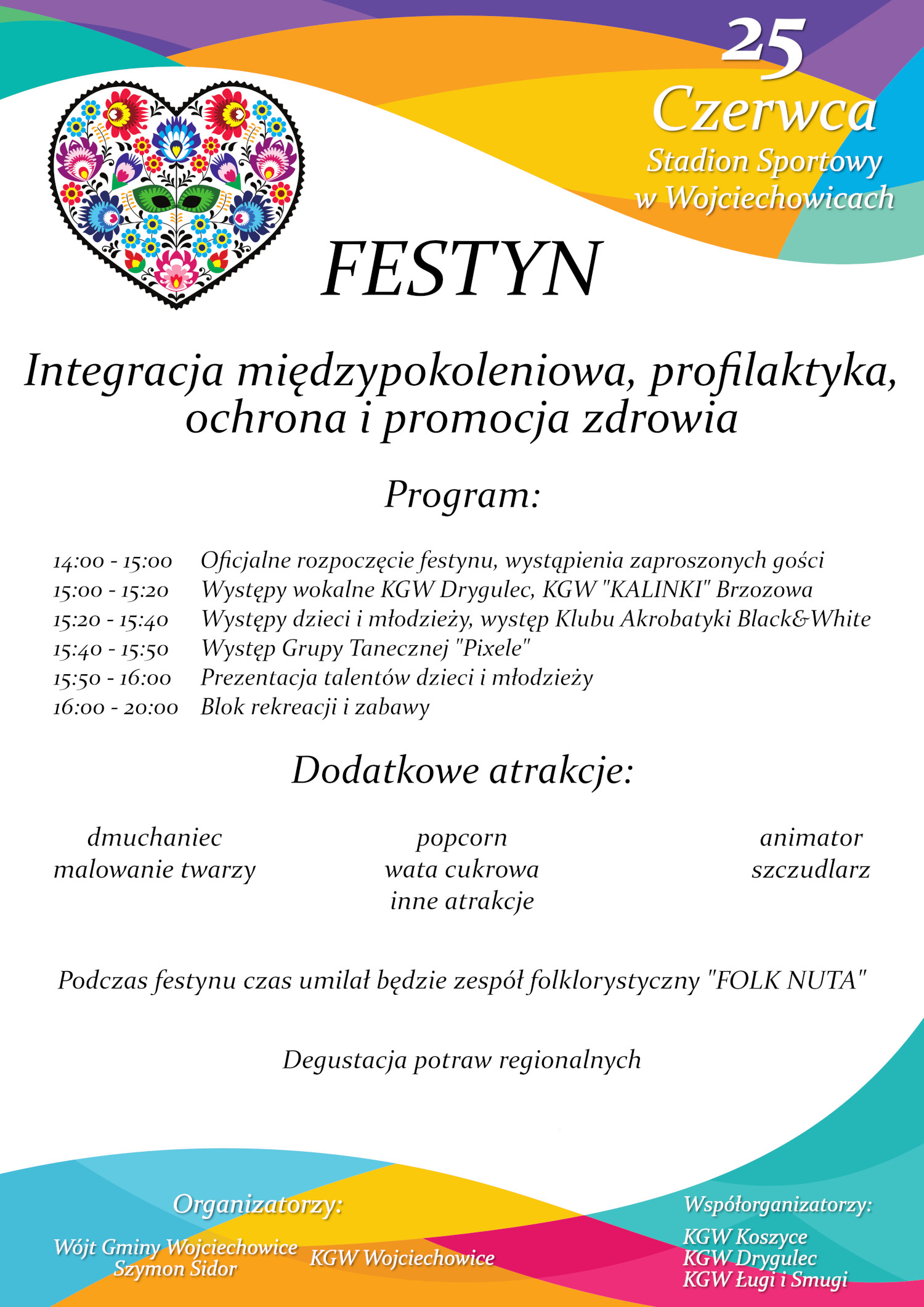 Grafika z zaproszeniem na festyn Integracja międzypokoleniowa, profilaktyka, ochrona i promocja zdrowia