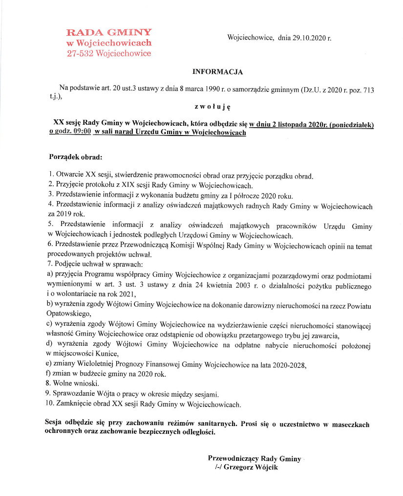 Informacja - XX Sesja Rady Gminy w Wojciechowicach