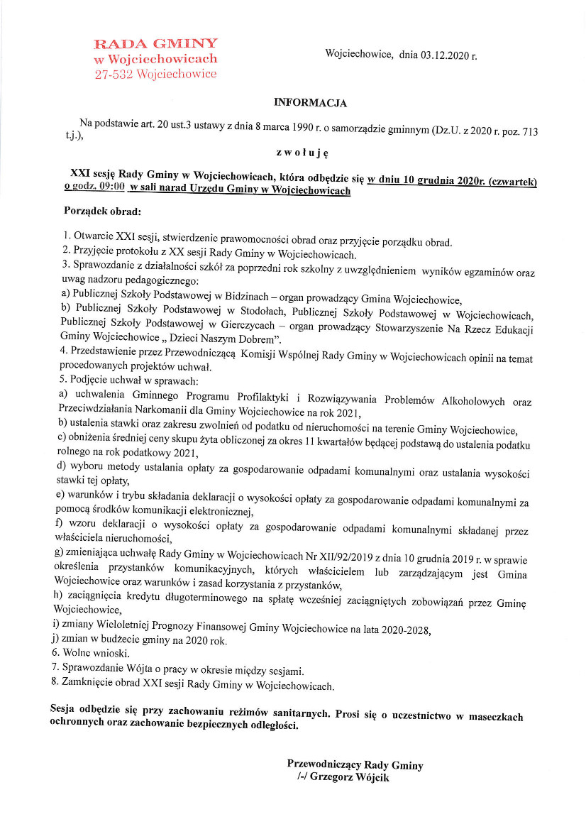Informacja - XXI Sesja Rady Gminy w Wojciechowicach