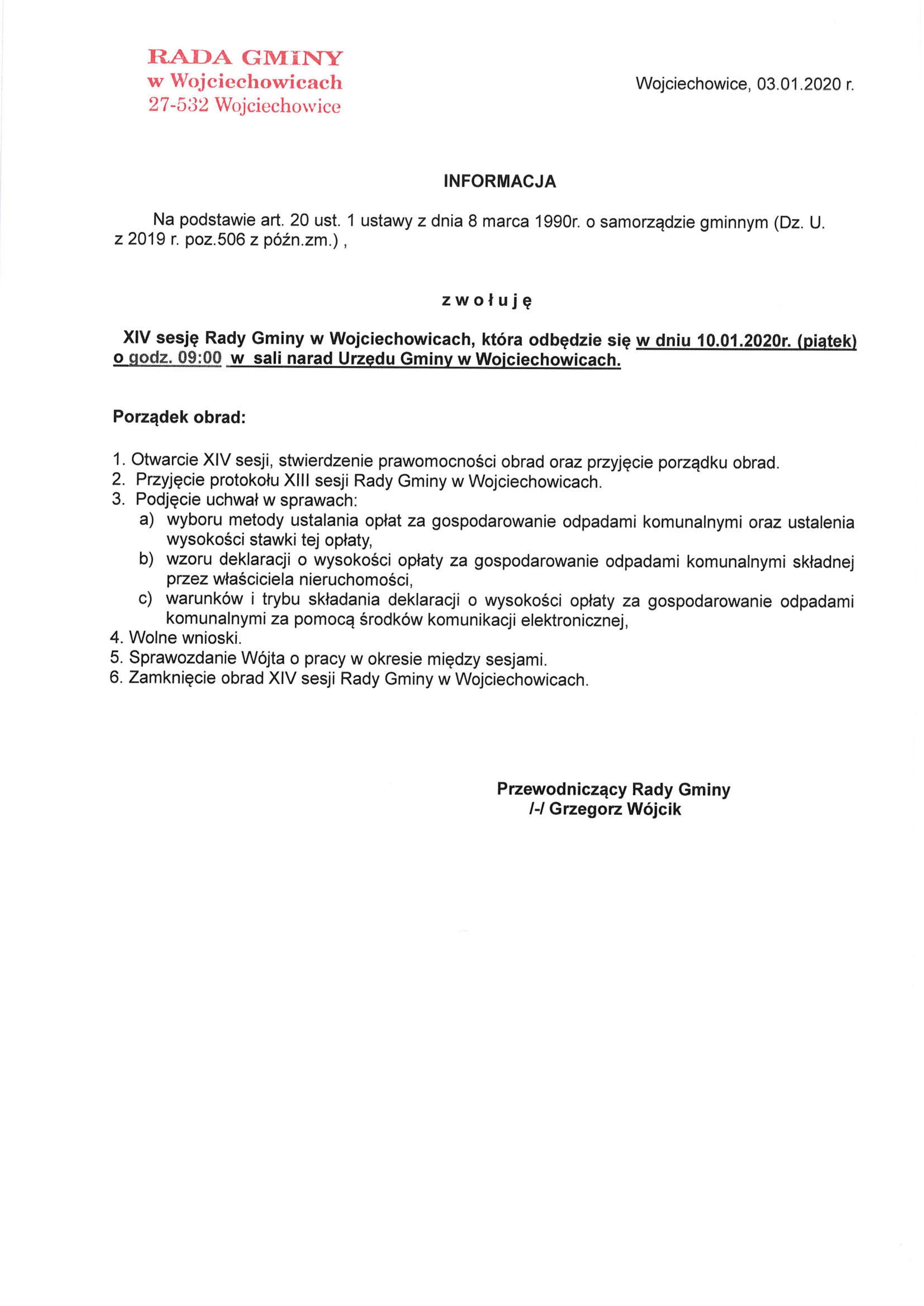 Informacja - XIV sesja Rady Gminy Wojciechowice