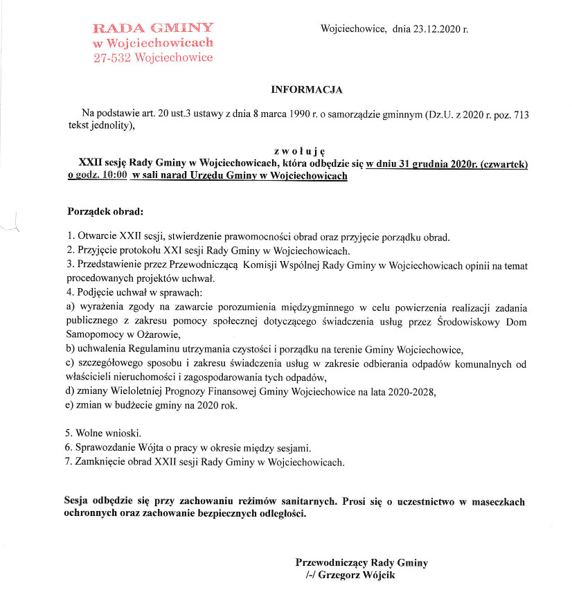 Informacja - XXII Sesja Rady Gminy w Wojciechowicach