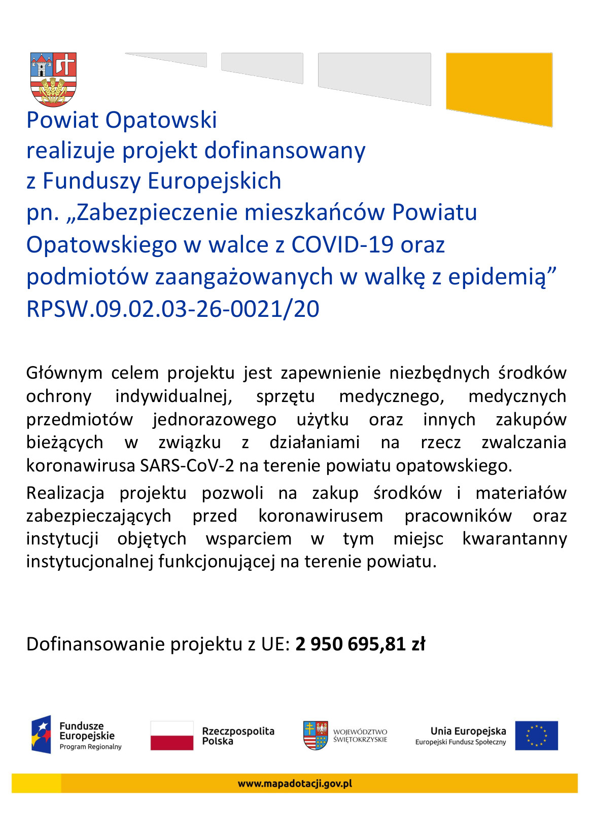 Plakat promocyjny - Zabezpieczenie mieszkańców Powiatu Opatowskiego w walce z COVID-19 oraz podmiotów zaangażowanych w walkę z epidemią