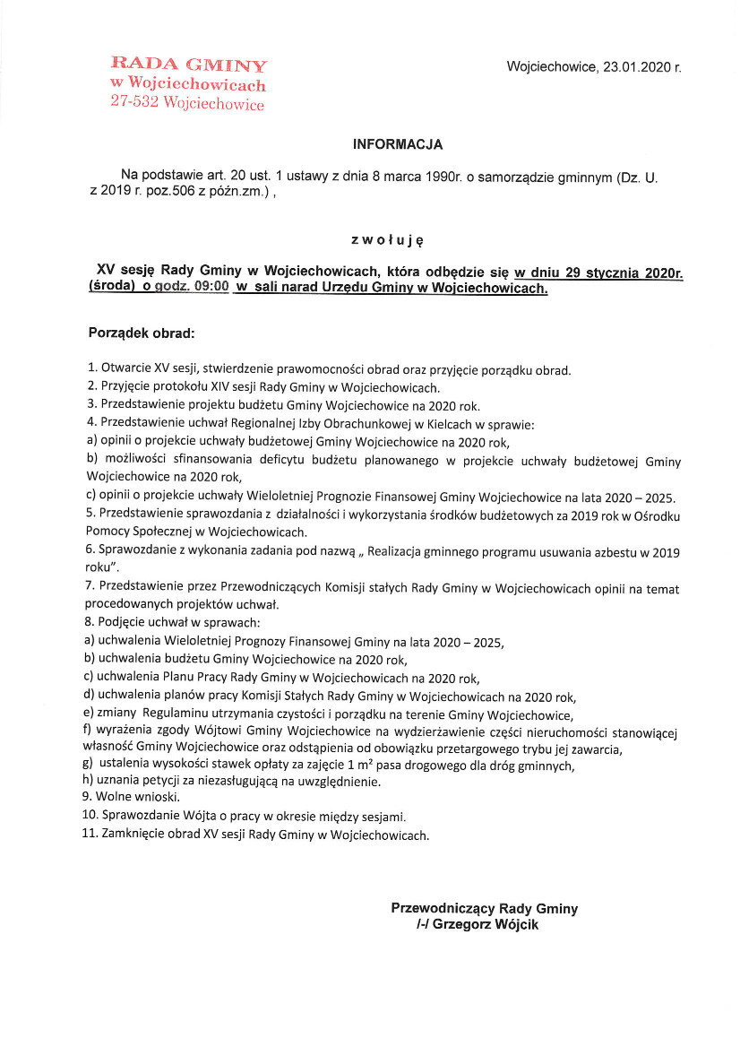 Informacja - XV Sesja Rady Gminy w Wojciechowicach