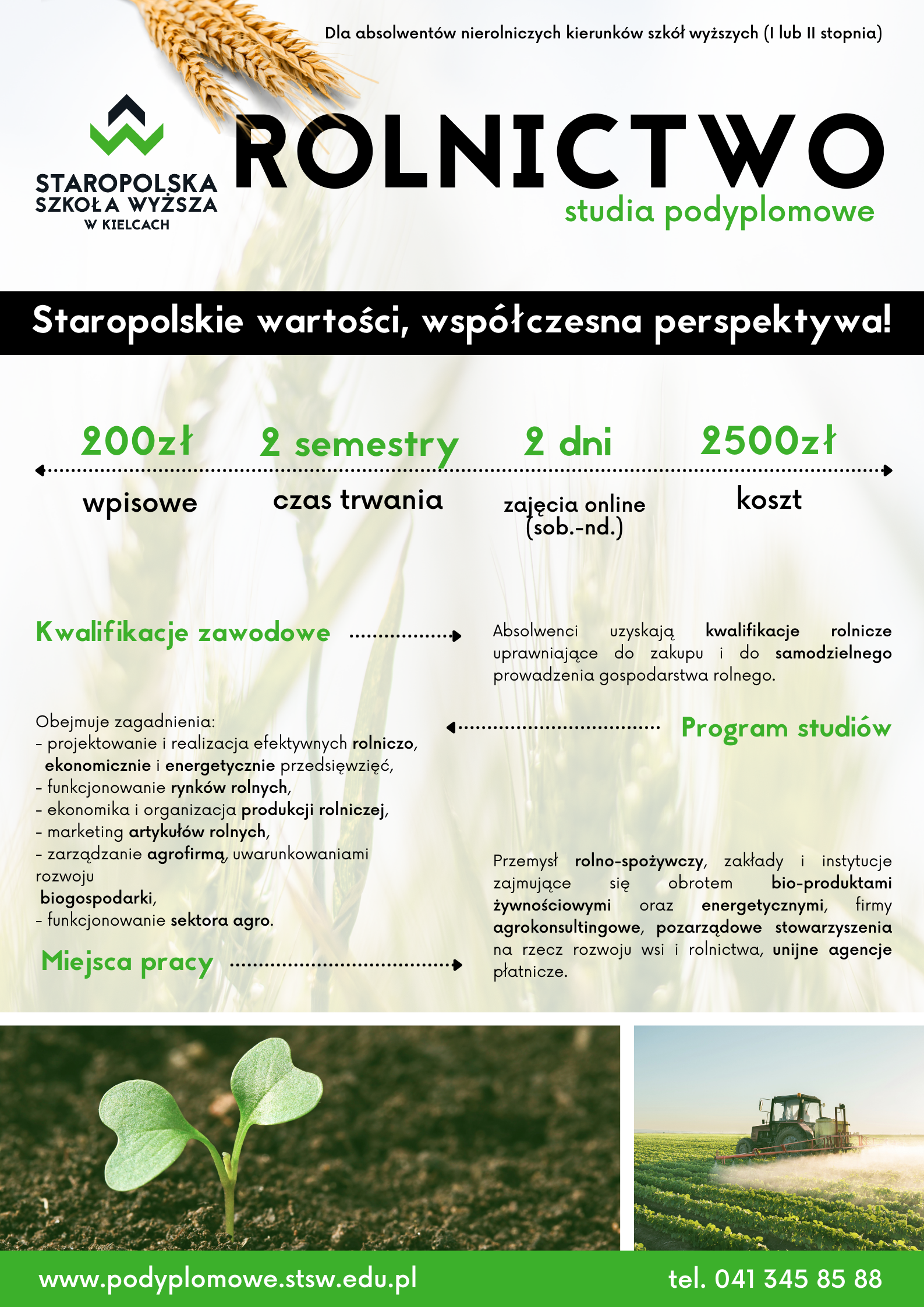 Plakat rekrutacyjny na rolnicze studia podyplomowe w Staropolskiej Szkole Wyższej w Kielcach