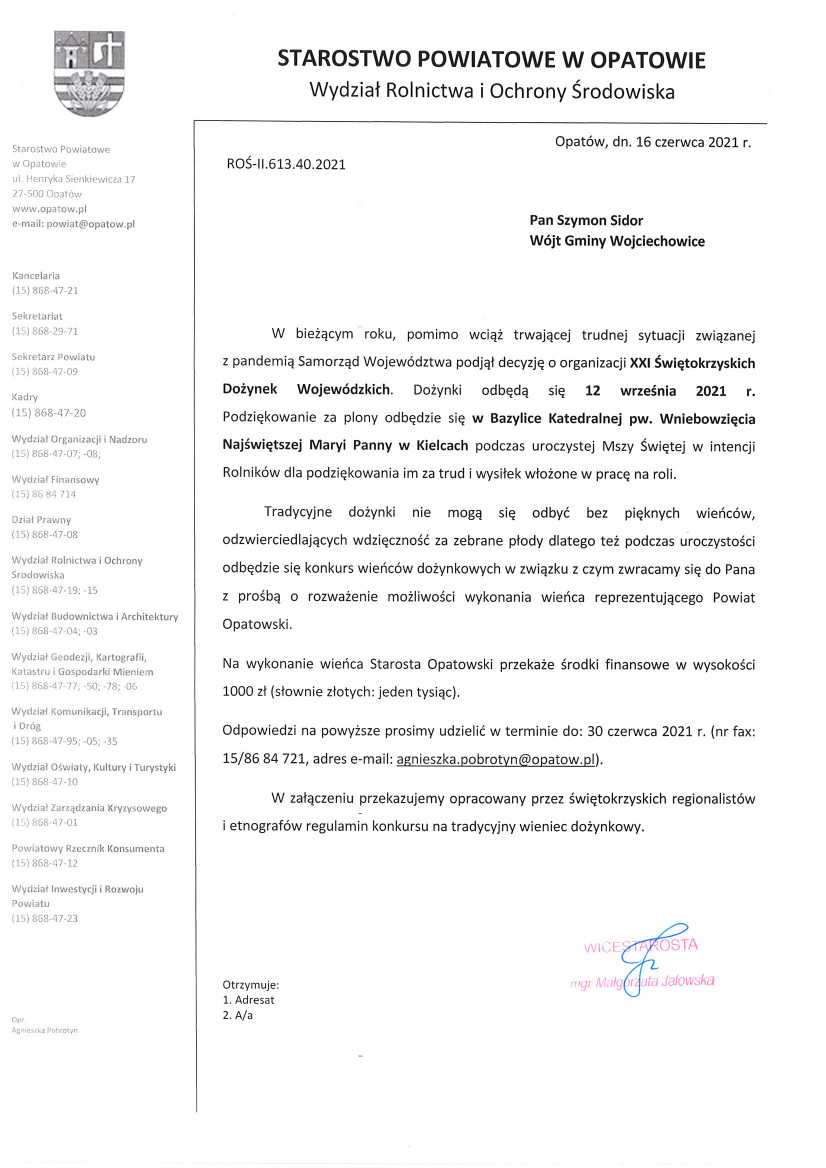 Pismo z informacjami o konkursie na najpiękniejszy wieniec dożynkowy Województwa Świętokrzyskiego