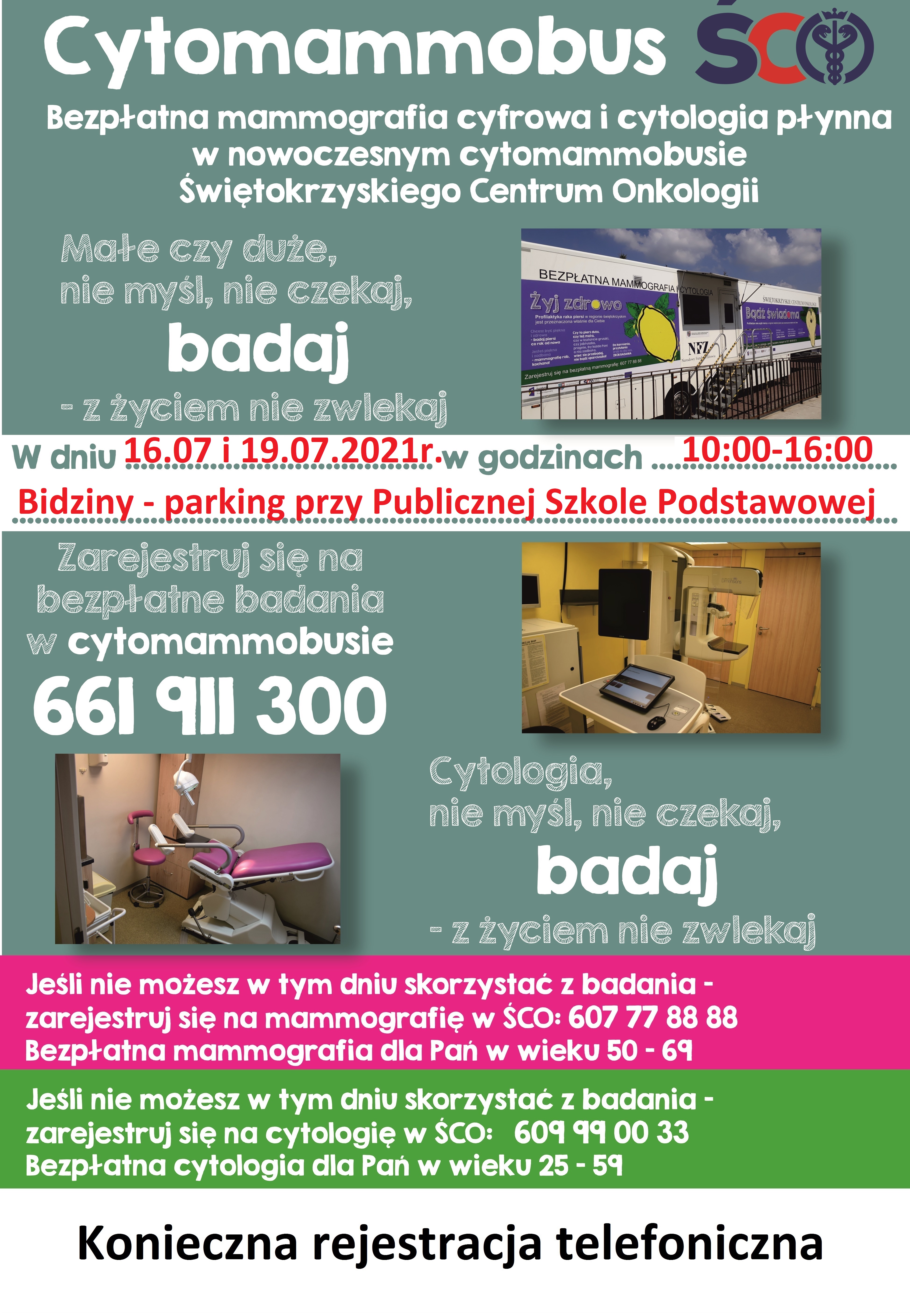 Plakat informujący o bezpłatnej mammografii cyfrowej i cytologii płynnej w cytomammobusie Świętokrzyskiego Centrum Onkologii