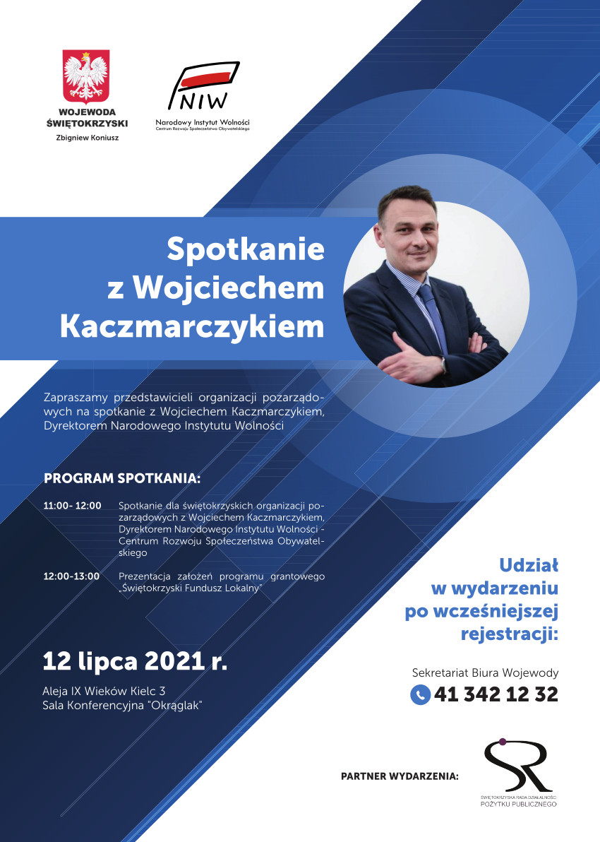 Plakat z informacjami o spotkaniu z Wojciechem Kaczmarczykiem