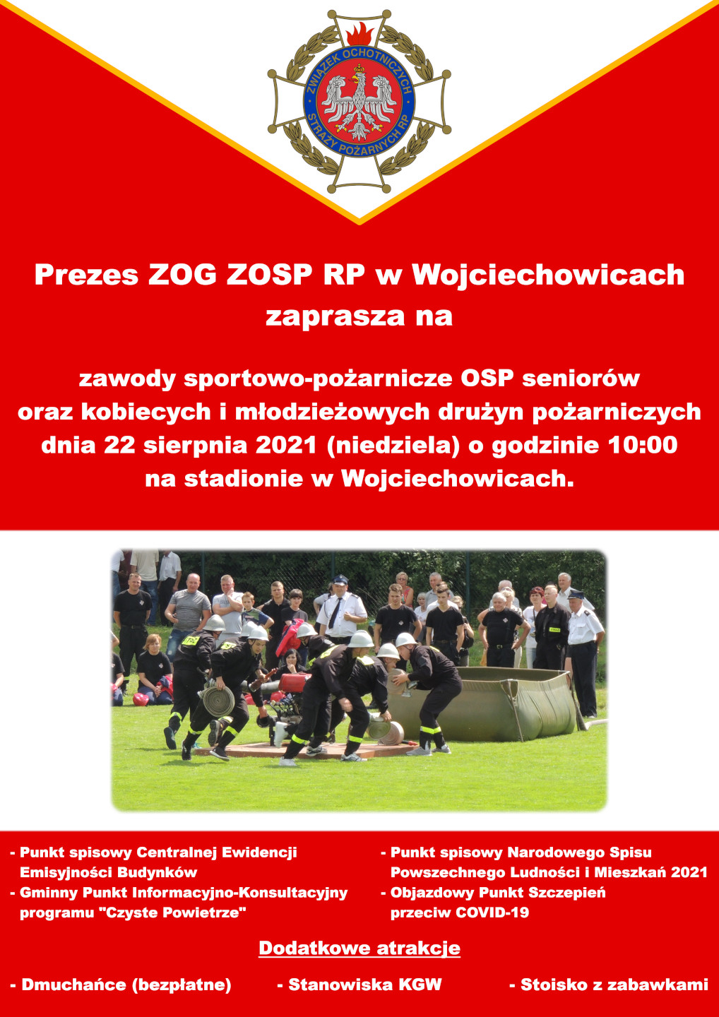 Plakat z informacjami o Gminnych Zawodach Sportowo-Pożarnicze w Wojciechowicach