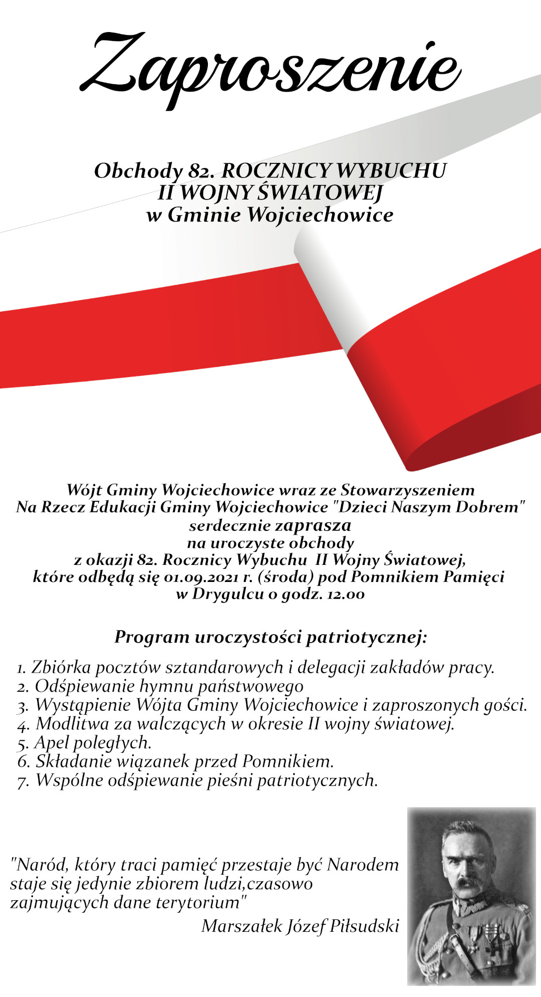Grafika z zaproszeniem i informacjami dotyczącymi Obchodów 82. ROCZNICY WYBUCHU II WOJNY ŚWIATOWEJ w Gminie Wojciechowice