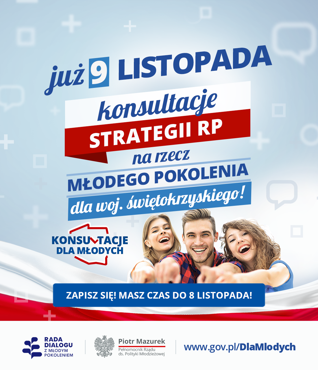 Grafika promująca konsultacje w formie wideokonferencji na temat strategii dla młodych w woj. świętokrzyskim