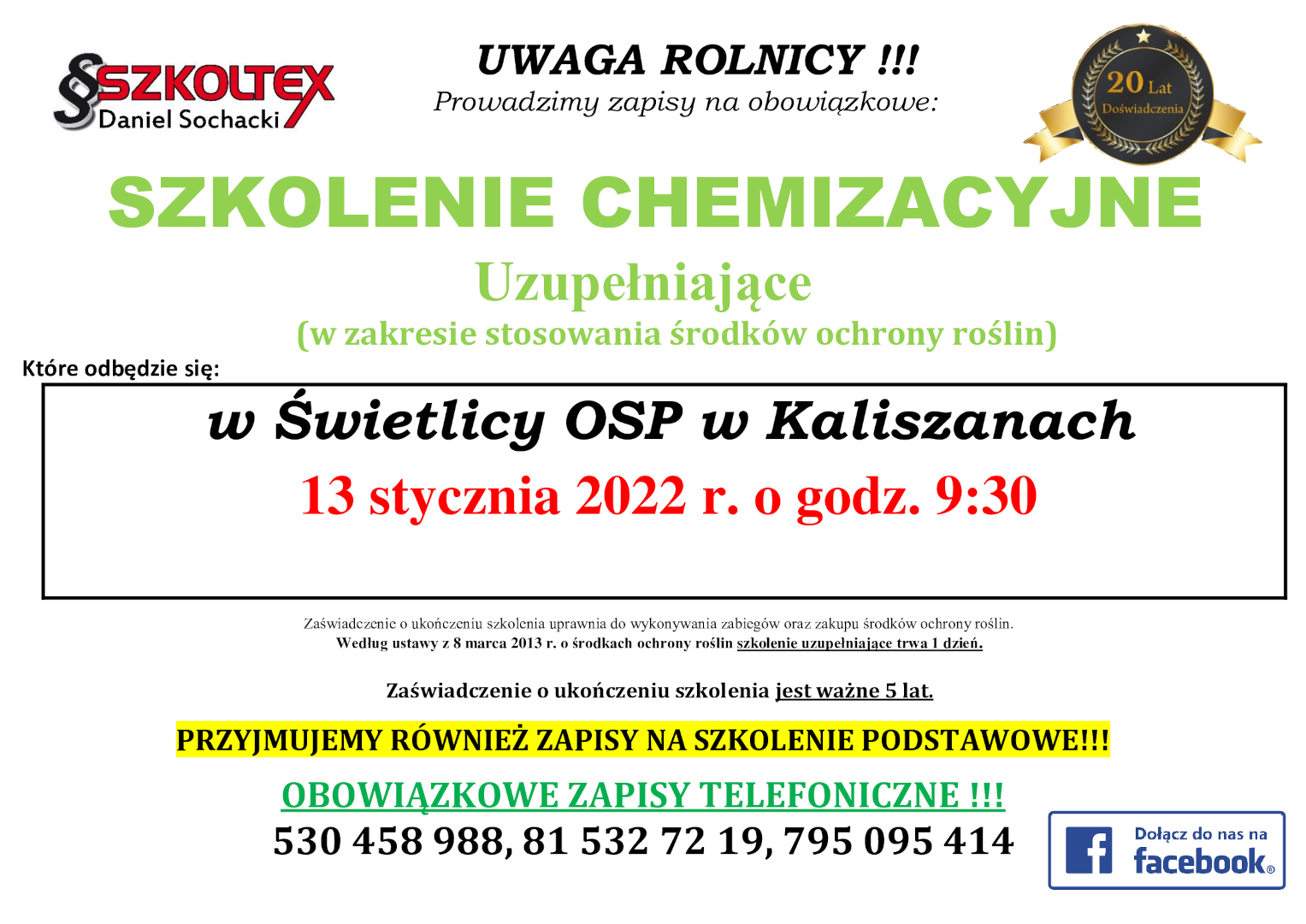 Plakat informacyjny o szkoleniu chemizacyjnym