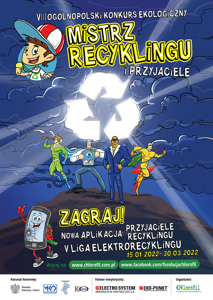 Grafika promująca VIII Ogólnopolski Konkurs Edukacji Ekologicznej dla dzieci - Mistrz Recyklingu i Przyjaciele 2022