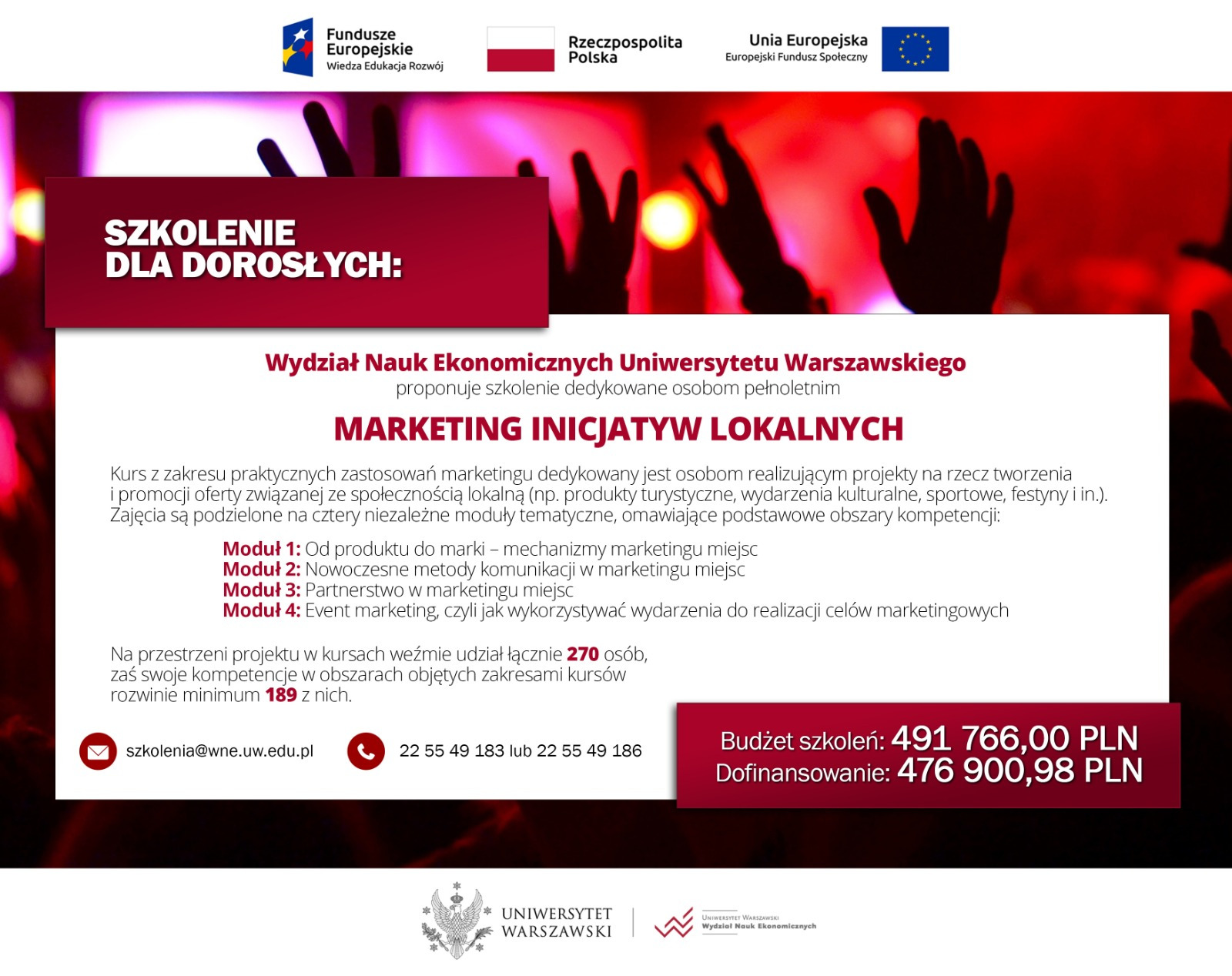 Plakat z informacjami o e-kursach Marketing inicjatyw lokalnych