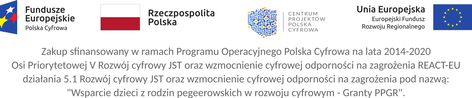 Baner promocyjny z grafikami: Fundusze Europejskie Polska Cyfrowa, Rzeczpospolita Polska, Centrum Projektów Polska Cyfrowa, Unia Europejska Europejski Fundusz Rozwoju Regionalnego