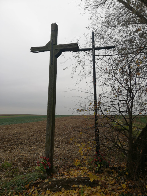 Krzyż drewniany i metalowy przy drodze gminnej 004511T Kaliszany - Mierzanowice w miejscowości Mierzanowice