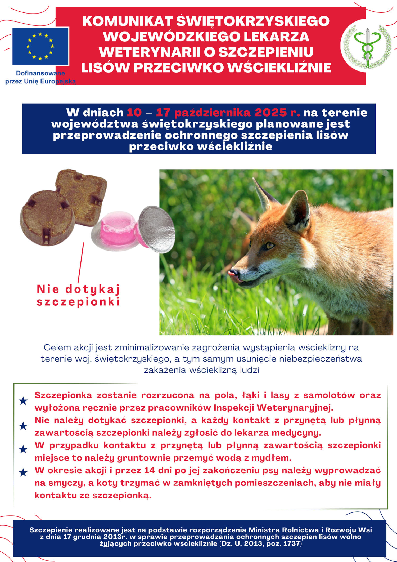 Jesienna akcja ochronnego szczepienia lisów przeciwko wściekliźnie na terenie woj. świętokrzyskiego Grafika z treścią komunikatu