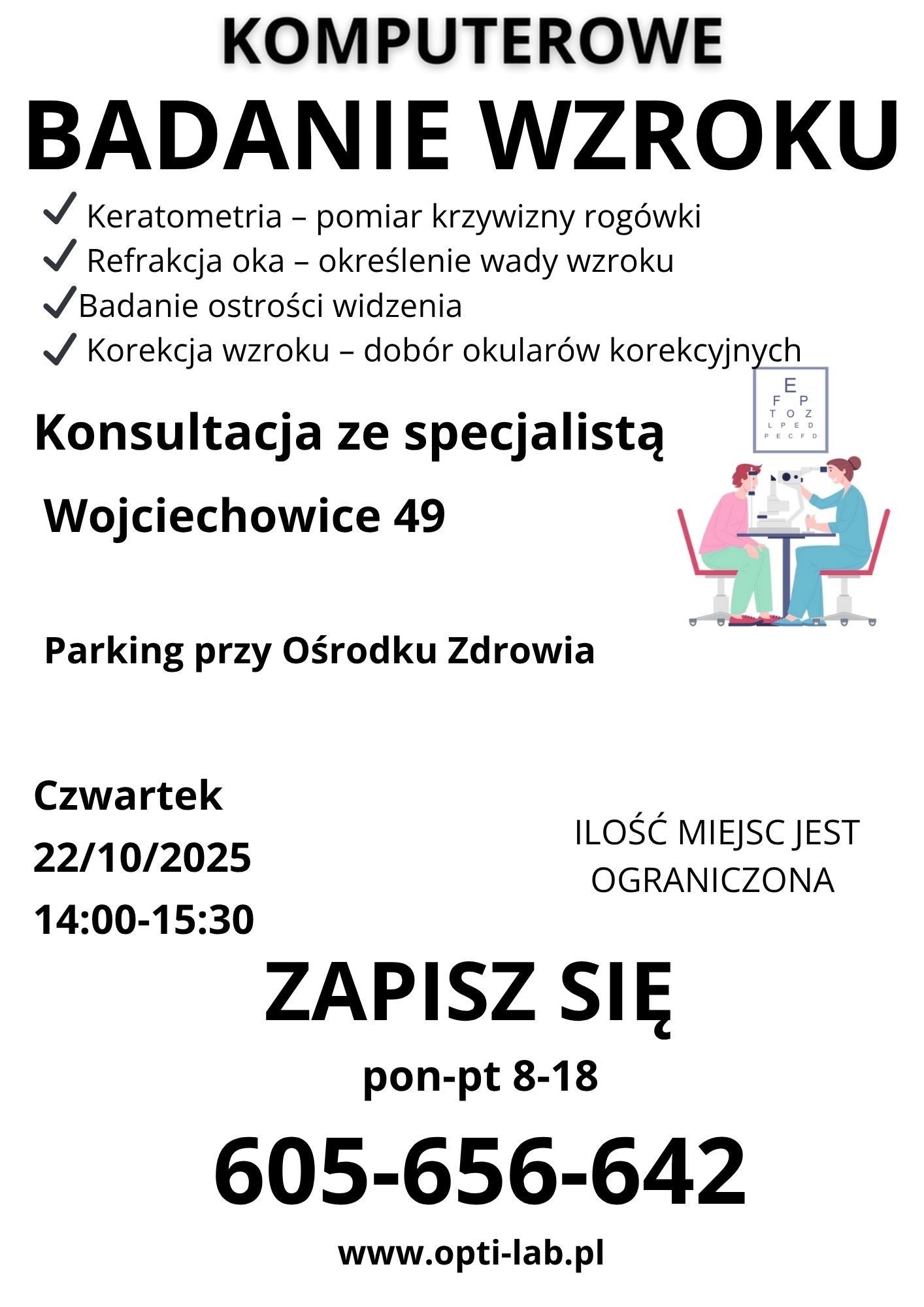 Bezpłatne badanie wzroku - 22.10.2025 Grafika z informacjami o bezpłatnym badaniu wzroku