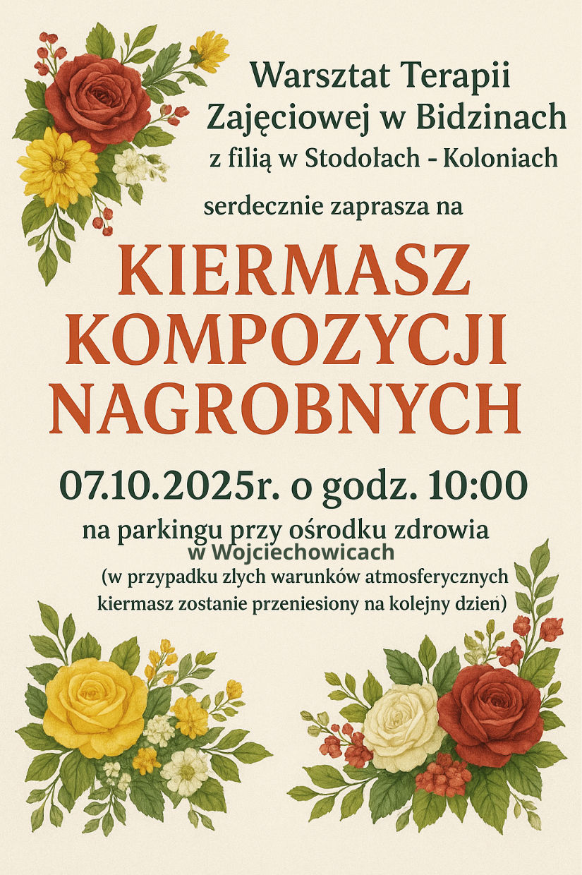 Kiermasz kompozycji nagrobnych Grafika z treścią zaproszenia na kiermasz