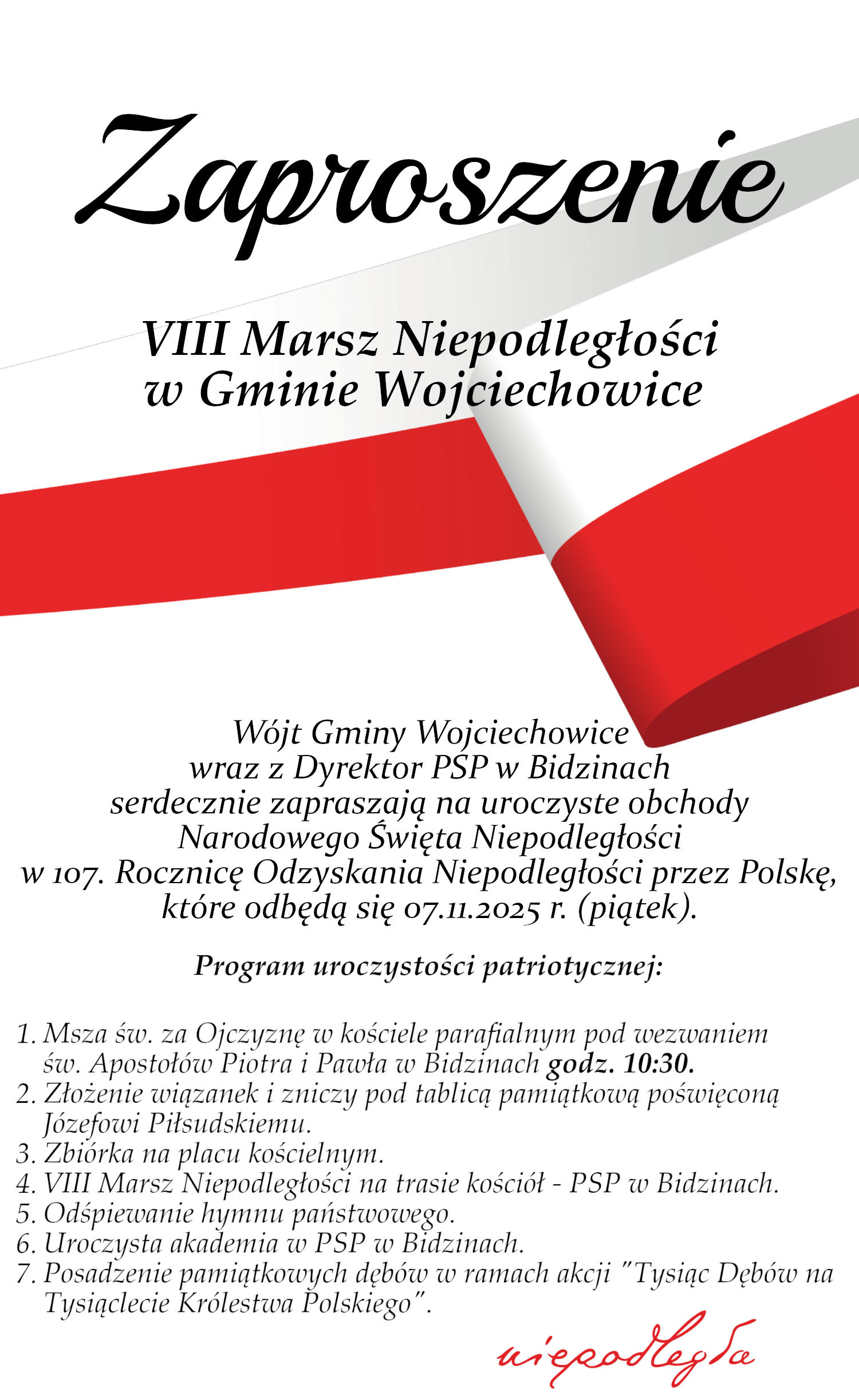 Zaproszenie - VIII Marsz Niepodległości w Gminie Wojciechowice Grafika z treścią zaproszenia