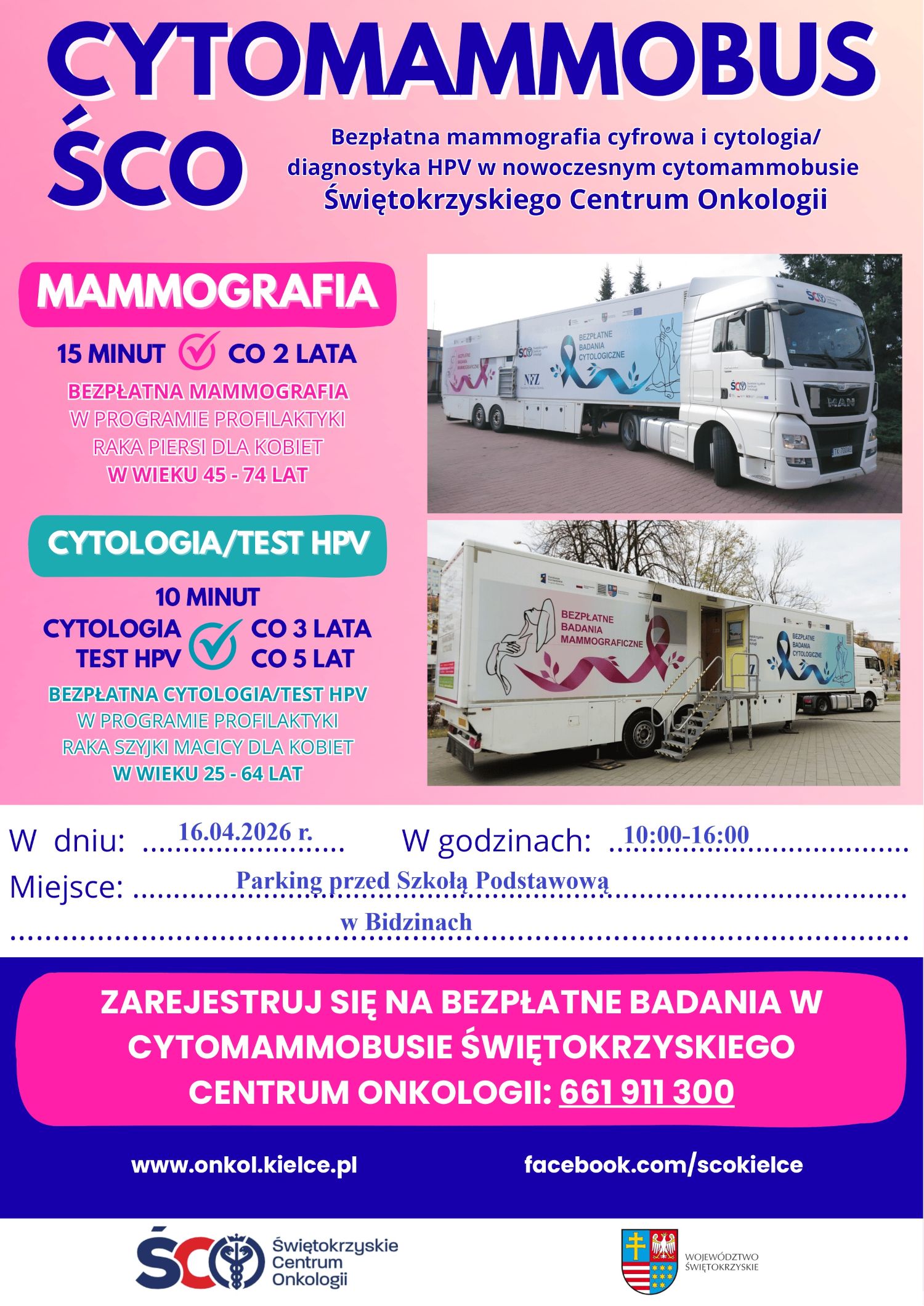 Grafika z informacjami o bezpłatnym badaniu dla kobiet