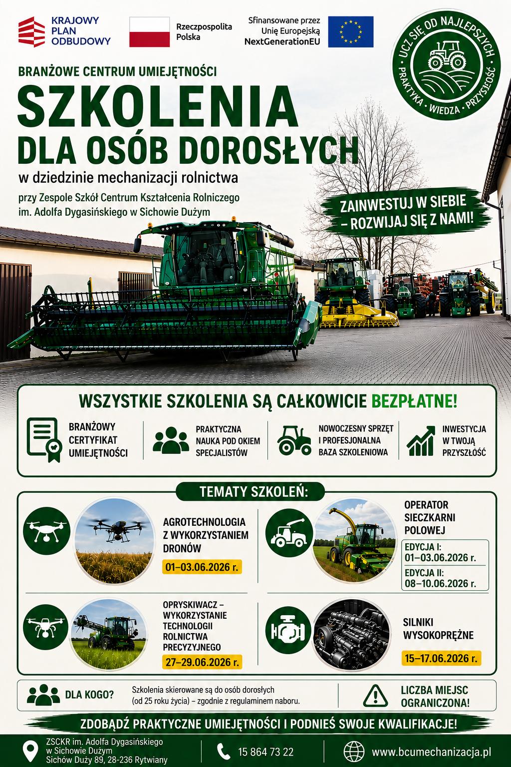 Branżowe Centrum Umiejętności w dziedzinie mechanizacji rolnictwa Grafika z informacjami o szkoleniach