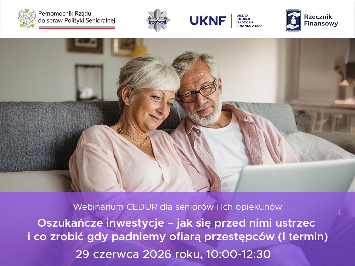 Zaproszenie na webinarium CEDUR dla seniorów i ich opiekunów Grafika promocyjna