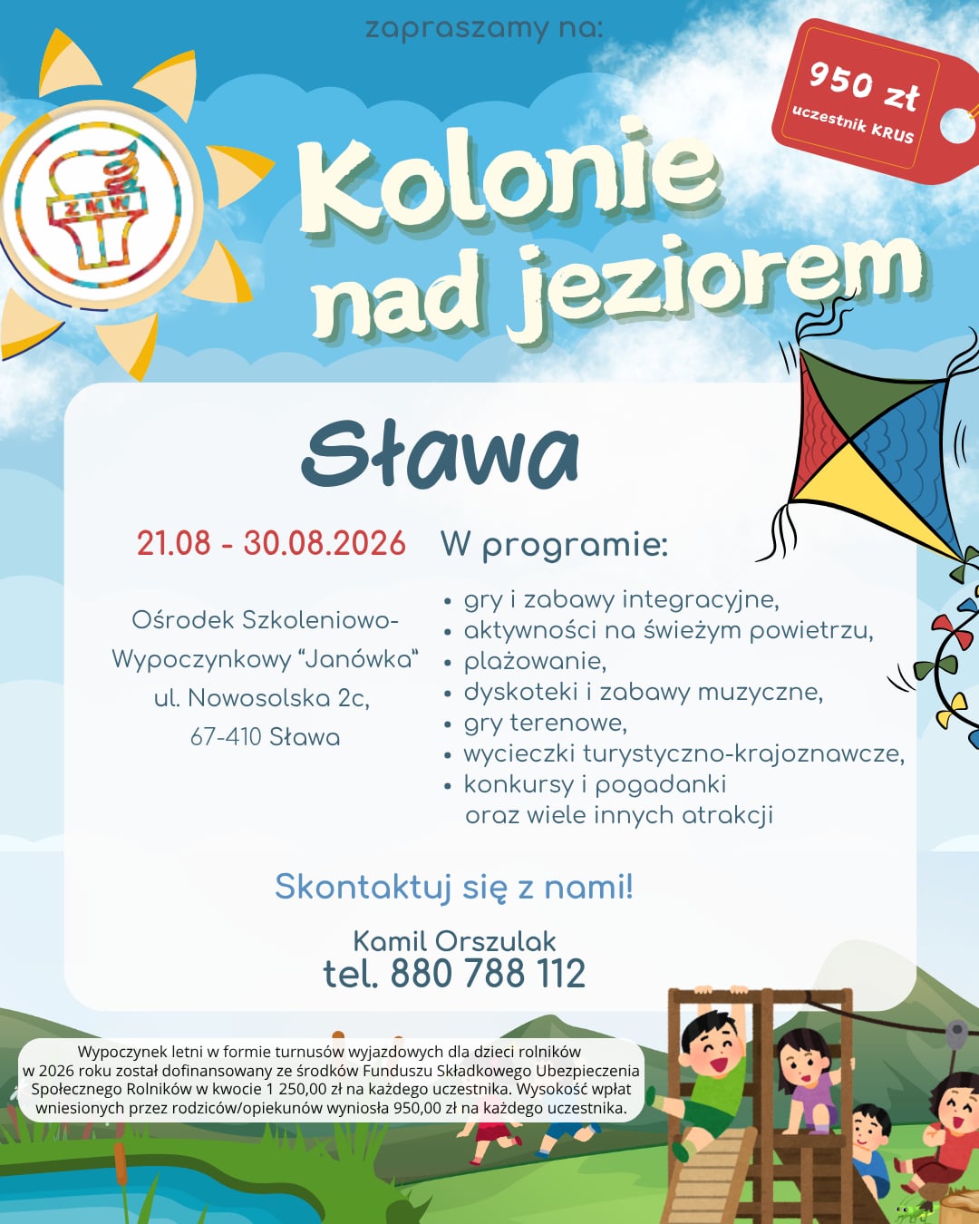 Kolonie ZMW w Sławie dla dzieci rolników Grafika z informacjami